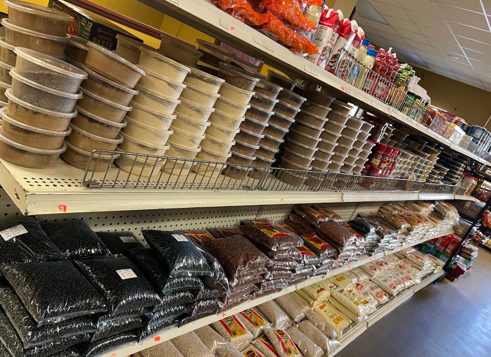 Shelves stocked with packaged goods inside Biftu African Market in Sioux Falls