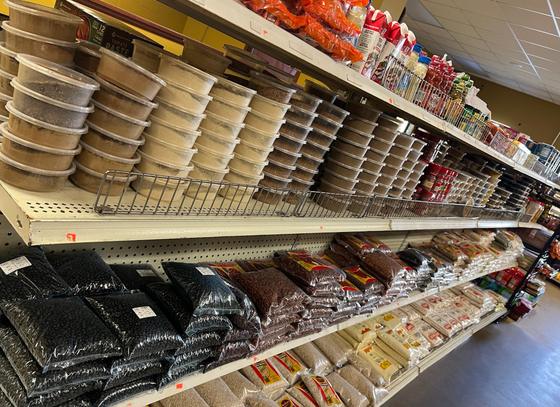Shelves stocked with packaged goods inside Biftu African Market in Sioux Falls
